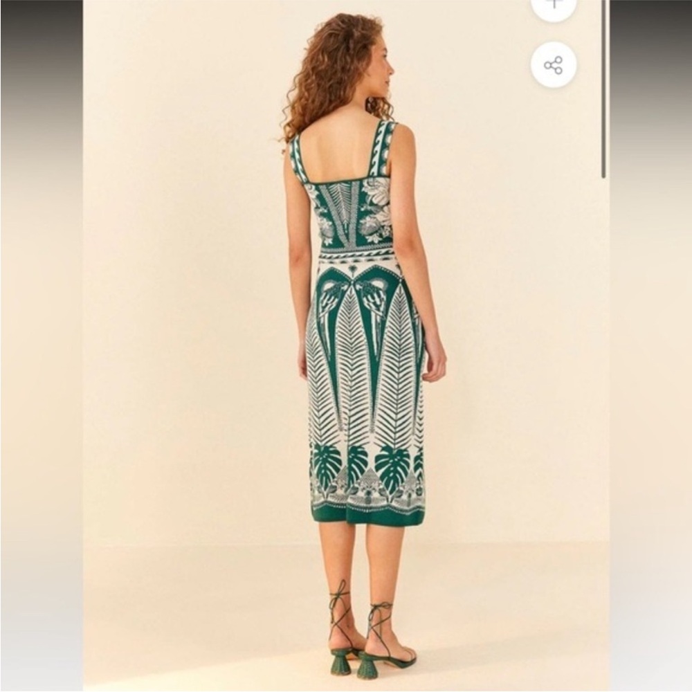 🦜FARM Rio Macaw Elegance Green & Cream Botanical Knit Bodycon Midi Dress - Picture 3 of 8